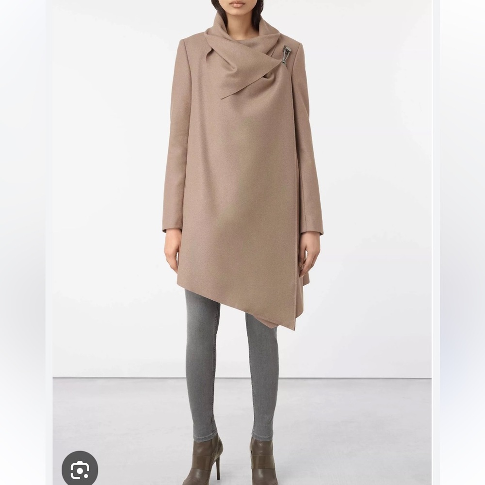 All Saints City Monument Wool Coat in Dune with Silver Logo Buckle